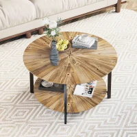 31.5" Round Coffee Table, Wooden Double Layer Coffee Table with Open Storage Space and Metal Legs for Living Room, Bedroom, Natural(m-4)