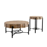 31.5" Vintage Patchwork Lace Coffee Table Set of 2 with Natural Pine Grain Top and Dimpled Metal Cross Legs, Natural+Black(m-2)