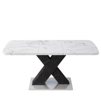 Modern Square Dining Table, Stretchable White Marble Table Top, MDF Black X-Shape Legs with Metal Base, 62.99"L x 31.5"W x 30.12"H, White+Black(m-2)