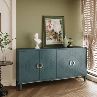 Stylish 4-Door Storage Cabinet with Pine Legs and Adjustable Shelves, MDF Construction, 59.84"L x 15.75"W x 32.48"H, Olive Green(m-1)