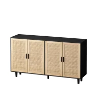 Elegant 4-Door Rattan Storage Cabinet, Adjustable Shelves, Easy Assembly, 62.2"L x 15.75"W x 34.25"H, Black(m-9)