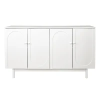 Stylish 4-Door Intaglio Storage Cabinet with Pine Legs, Solid Wood Pulls, Adjustable Shelves, 59.06"L x 15.75"W x 32.43"H, White(m-2)