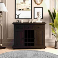 Vintage Style 3-Drawer 2-Door Storage Cabinet with 12-Grid Wine Rack, Adjustable Shelves, Anti-Tipping Design, 47.64"L x 17.13"W x 36.02"H, Brown(m-1)