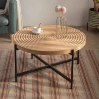 33" Modern Thread Design Round Coffee Table, MDF Table Top with Cross Legs Metal Base, Easy Assembly and Maintenance, Natural(m-1)