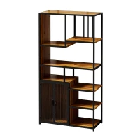 Multipurpose Bookshelf Storage Rack with Enclosed Cabinet, 7 Shelves, Fir Wood and Iron Frame, 34.45"L x 15.75"W x 68.9"H, Black+Brown(m-9)