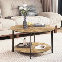 31.5" Round Coffee Table, Wooden Double Layer Coffee Table with Open Storage Space and Metal Legs for Living Room, Bedroom, Natural(m-1)