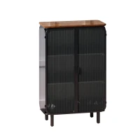 28.35" Glass Doors Modern Two-Door Cabinet with Three-Tier Storage and Fir Wood Top for Entryway, Living Room, Home Office, Dining Room, Black+Brown(m-2)