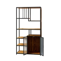 Multipurpose Bookshelf Storage Rack with Enclosed Cabinet, 7 Shelves, Fir Wood and Iron Frame, 34.45"L x 15.75"W x 68.90"H, Black+Brown(m-5)