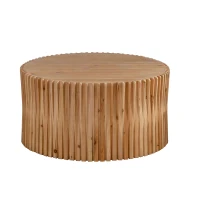 31.5" Retro Cylindrical Coffee Table with Vertical Texture Relief Design, No Assembly Required, Easy to Clean, 31.5"x31.5"x15.75", Natural(m-2)