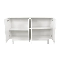 Stylish 4-Door Intaglio Storage Cabinet with Pine Legs, Solid Wood Pulls, Adjustable Shelves, 59.06"L x 15.75"W x 32.43"H, White(m-10)