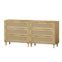 3-Drawer Rattan Storage Cabinet Set of 2, MDF and Solid Wood Legs, Iron Handles, 63" L x 15.55" W x 30.12" H, 52.47 lbs Each, Oak(m-2)