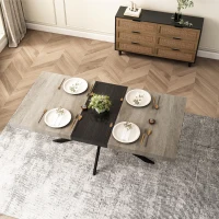 Retro Rectangular Stretch Dining Table with Storage Box, Gray Carole Top, Black Embossed Center Plate, Iron Cross Foot Base, 55.11"-70.86", Gray(m-4)