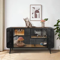 Spacious Cat House with Tempered Glass, Modern Style, Sturdy Fir Wood and Iron Frame, 55.12"L x 22.83"W x 29.92"H, Black+Brown(m-5)