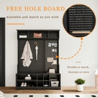 Hall Tree with Shoe Bench, Coat Rack, Storage Shelves, Pegboard, and Shoe Storage, 57.48"L x 14.96"W x 77.17"H, Black(m-5)