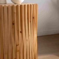 Retro Cylindrical Coffee Table Set of 2 with Vertical Texture Relief Design, No Assembly Required, MDF and Fir Wood, 20.47" and 31.5", Natural(m-6)