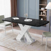 Modern Square Dining Table, Stretchable Black Marble Table Top with MDF X-Shape Legs and Metal Base, Easy Assembly, 62.99"L x 31.5"W x 30.12"H, Black White(m-1)