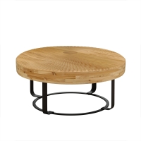 Modern Round Coffee Table with Carved Pine Top and Metal Legs, Easy Assembly, 31.5" Diameter for Living Room, Office, Reception Room, Natural+Black