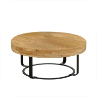 Modern Round Coffee Table with Carved Pine Top and Metal Legs, Easy Assembly, 31.5" Diameter for Living Room, Office, Reception Room, Natural+Black(m-2)