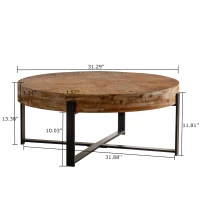 31.29" Modern Retro Splicing Round Coffee Table, Fir Wood Table Top with Black Cross Legs Base, Easy Assembly and Maintenance, Black(m-3)