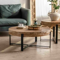 31.29" Modern Retro Splicing Round Coffee Table, Fir Wood Table Top with Black Cross Legs Base, Easy Assembly and Maintenance, Black(m-4)