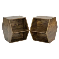 Hexagonal Coffee Table Set, 2-Piece Antique Wood Side Table Nightstand with Storage Shelves, Versatile Design, 47.24'' x 23.62'' x 15.74'', Antique brown(m-5)