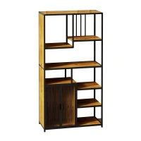 Multipurpose Bookshelf Storage Rack with Enclosed Cabinet, 7 Shelves, Fir Wood and Iron Frame, 34.45"L x 15.75"W x 68.9"H, Black+Brown(m-2)