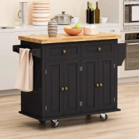 Kitchen Island Cart with Two Storage Cabinets, Two Drawers, Locking Wheels, Spice Rack, and Towel Rack, 43.31" Width, Black(m-1)