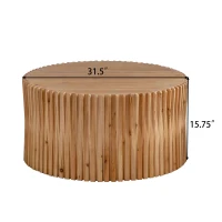 31.5" Retro Cylindrical Coffee Table with Vertical Texture Relief Design, No Assembly Required, Easy to Clean, 31.5"x31.5"x15.75", Natural(m-3)