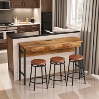 3-Drawer Long Dining Table Set with Power Outlets, Circular PU Stools, Easy Assembly, 60.24"x15.75"x35.43", Brown(m-5)