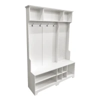Hall Tree with Shoe Bench, Coat Rack, Storage Shelves, and Pegboard, 57.48"L x 14.96"W x 77.17"H, White(m-11)