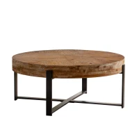 31.29" Modern Retro Splicing Round Coffee Table, Fir Wood Table Top with Black Cross Legs Base, Easy Assembly and Maintenance, Black(m-2)