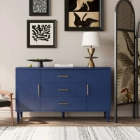 Stylish 2-Door 3-Drawer Cabinet with Carved Effect, Adjustable Shelves, and Easy Assembly, 55.12"L x 15.75"W x 32.68"H, Navy Blue(m-1)