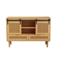 47.24" Sliding Barn Door Storage Cabinet, TV Stand with 2 Drawers, MDF and Rattan Mesh, 47.24"L x 15.75"W x 31.5"H, Wood(m-2)