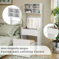 Dressing Table with Flip Top LED Mirror, Vanity Table with Storage, Removable Upholstered Stool, 23.62" x 15.75" x 62.99", White(m-5)