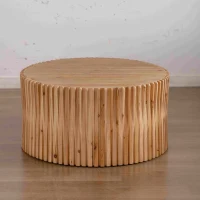 31.5" Retro Cylindrical Coffee Table with Vertical Texture Relief Design, No Assembly Required, Easy to Clean, 31.5"x31.5"x15.75", Natural(m-4)