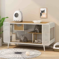 Spacious Cat House with Tempered Glass, Modern Style, Sturdy Fir Wood and Iron Frame, 55.12"L x 22.83"W x 29.92"H, White(m-1)