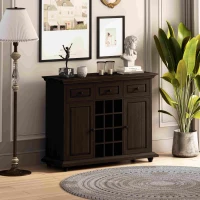 Vintage Style 3-Drawer 2-Door Storage Cabinet with 12-Grid Wine Rack, Adjustable Shelves, Anti-Tipping Design, 47.64"L x 17.13"W x 36.02"H, Brown(m-4)