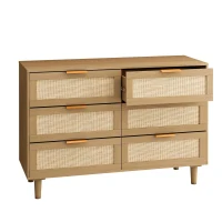 6-Drawer Rattan Dresser, Modern Natural Design with Ample Storage, Smooth Guide Rails, and Multi-Purpose Use, 43.31" x 15.75" x 29.45", Oak(m-2)