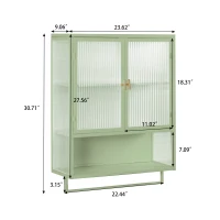 23.62" Modern Two-Door Wall Cabinet with Two-Tier Enclosed Storage, Open Shelf, and Towel Rack, Iron and Tempered Glass for Living Room, Dining Room, Bathroom, 23.62"L x 9.06"W x 30.71"H, Green(m-3)