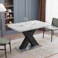 Modern Square Dining Table, Stretchable White Marble Table Top, MDF Black X-Shape Legs with Metal Base, 62.99"L x 31.5"W x 30.12"H, White+Black(m-4)