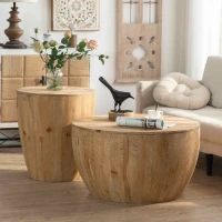 Vintage Style Barrel Shaped Coffee Table with Storage, Solid Fir Wood, 21.06" x 21.06" x 23.43", Natural(m-5)