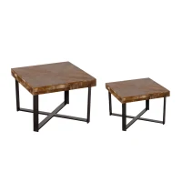 31.3" Modern Retro Splicing Square Coffee Table Set of 2, Fir Wood Table Top with Cross Legs Metal Base, Easy Assembly and Maintenance, Natural(m-2)