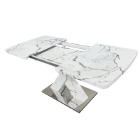 Modern Square Dining Table, Stretchable Printed White Marble Table Top, MDF X-Shape Table Leg with Metal Base, 62.99"L x 31.5"W x 30.12"H, White(m-2)