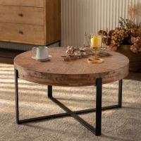 33.86" Modern Retro Splicing Round Coffee Table, Fir Wood Table Top with Black Cross Legs Base, Easy Assembly and Maintenance, 17.72" Height, Black+Natural(m-5)
