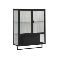 23.62" Modern Wall Cabinet with Glass Doors, Two-Tier Enclosed Storage, Open Shelf, and Towel Rack for Living Room, Dining Room, Bathroom, 23.62"L x 9.06"W x 30.71"H, Black