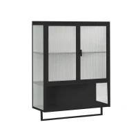 23.62" Modern Wall Cabinet with Glass Doors, Two-Tier Enclosed Storage, Open Shelf, and Towel Rack for Living Room, Dining Room, Bathroom, 23.62"L x 9.06"W x 30.71"H, Black(m-2)