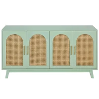 Modern 4-Door Cabinet with Rattan Decorative Doors, Versatile Storage Solution for Bedroom, Living Room, Office, Easy Assembly, 59.84"L x 15.75"W x 31.89"H, Mint Green(m-2)