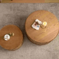 Vintage Cylindrical Nesting Coffee Table Set with Vertical Textured Embossed Design, No Assembly Required, 31.5" and 23.62", Natural(m-5)