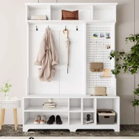 Hall Tree with Shoe Bench, Coat Rack, Storage Shelves, and Pegboard, 57.48"L x 14.96"W x 77.17"H, White(m-1)