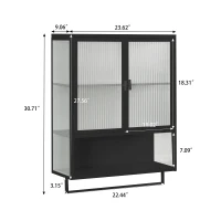 23.62" Modern Wall Cabinet with Glass Doors, Two-Tier Enclosed Storage, Open Shelf, and Towel Rack for Living Room, Dining Room, Bathroom, 23.62"L x 9.06"W x 30.71"H, Black(m-3)